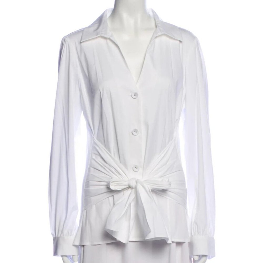 Worth White Button Front Tie Waist Long Sleeve Cotton Blend Designer Blouse XL